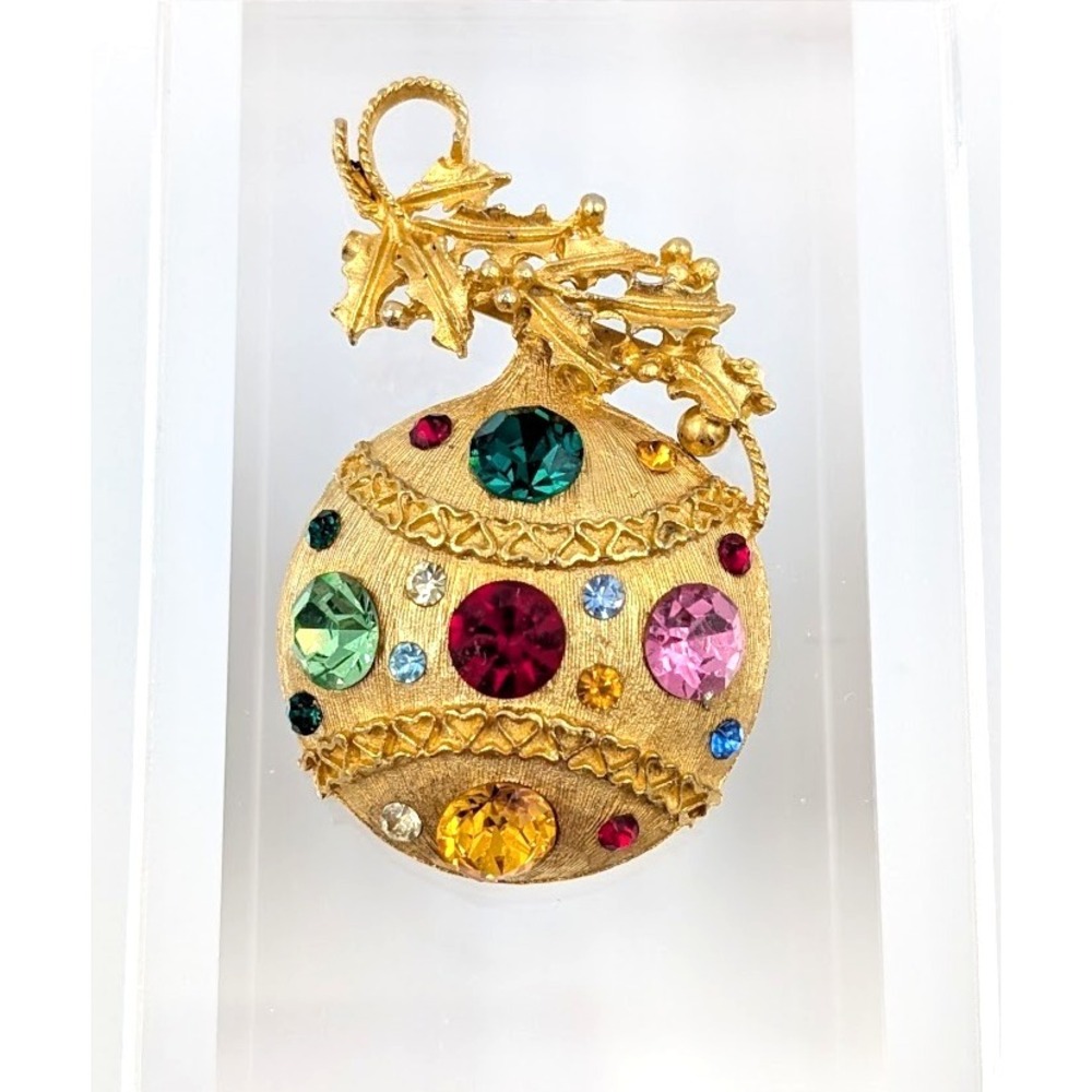 Vintage Gold Tone Ornament‎ Brooch Rhinestone Christmas Ball Statement Piece